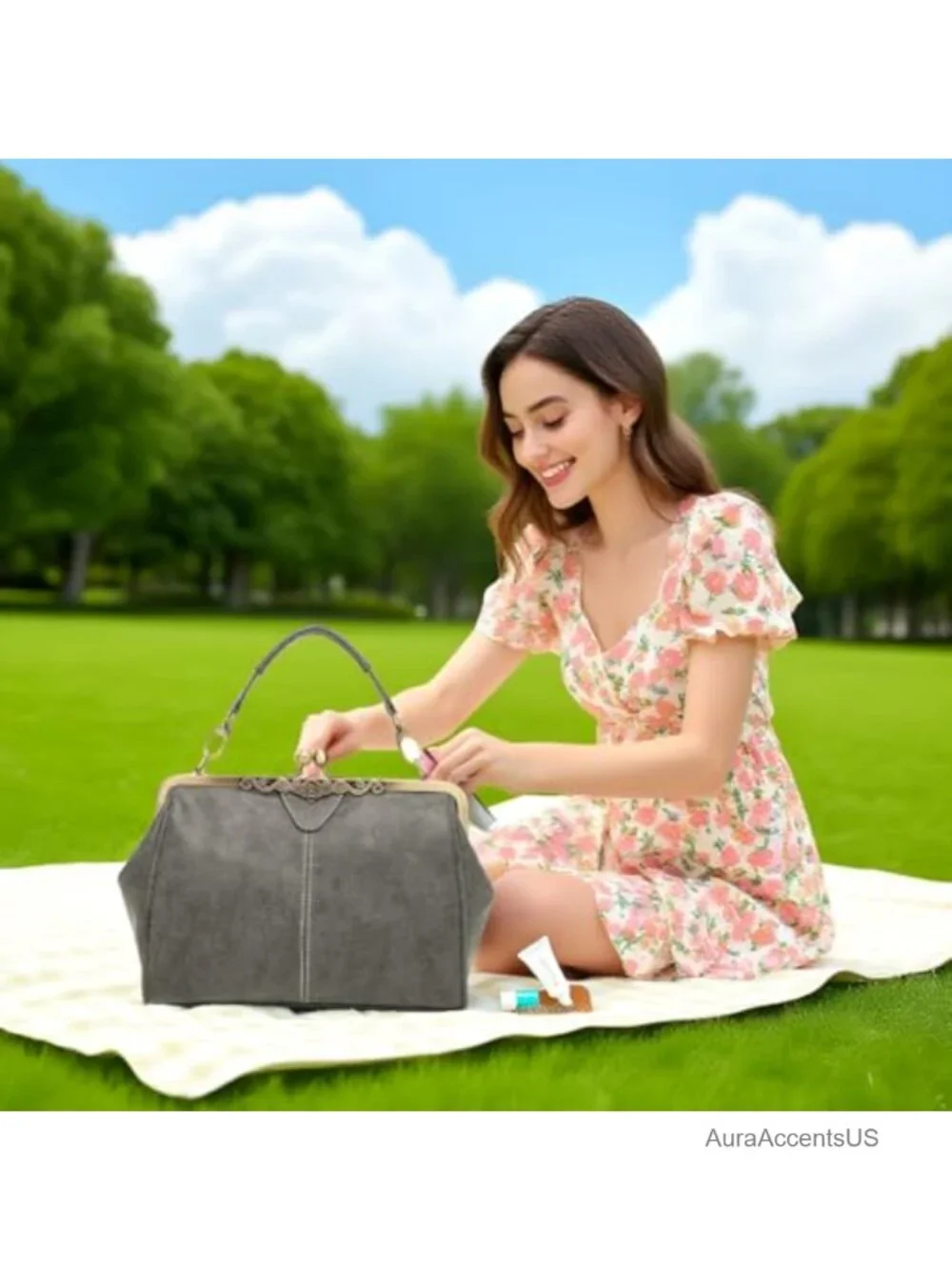 Vintage Kiss Lock Handbag PU Leather Evening Clutch Satchel Retro Hollow